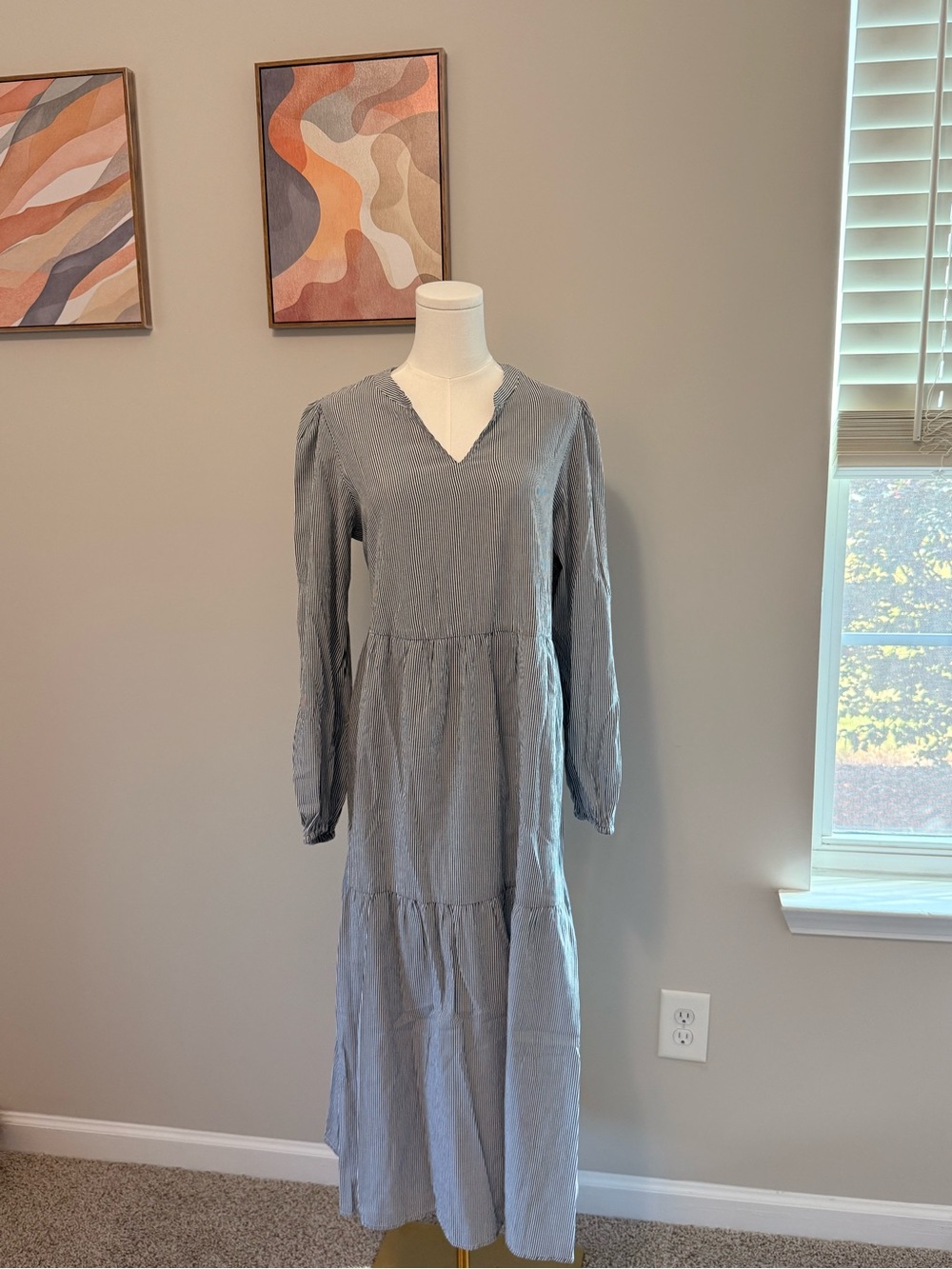 Women's Long Sleeve V-Neck Tiered Maxi Dress Pockets- Light Grey Stripe